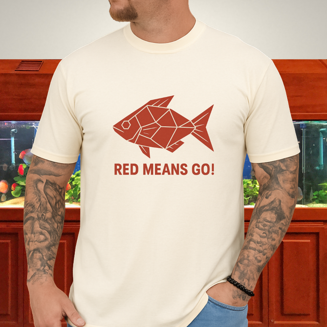 Red Rainbowfish Tee – Geometric “Red Means Go!” Design