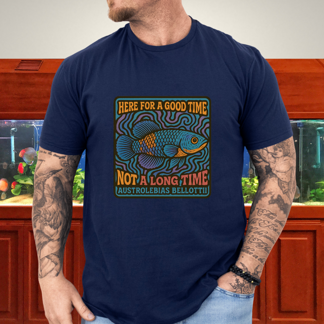Here for a Good Time Tee – Psychedelic Bellottii Killifish