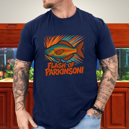 Flash of Parkinsoni T-Shirt – Rainbowfish Explosion Graffiti Design for Tropical Aquarium Fans