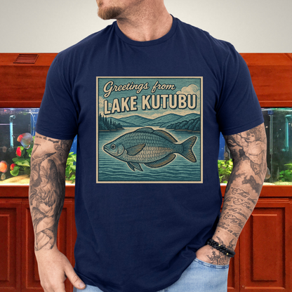 Greetings from Lake Kutubu Tee – Rainbowfish Woodcut Art