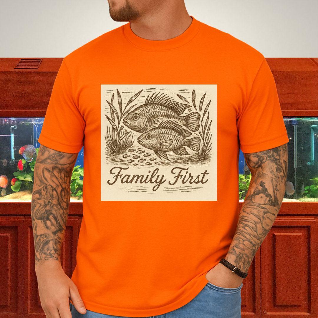 Family First Tee – Apistogramma Pair with Fry Nature Woodcut
