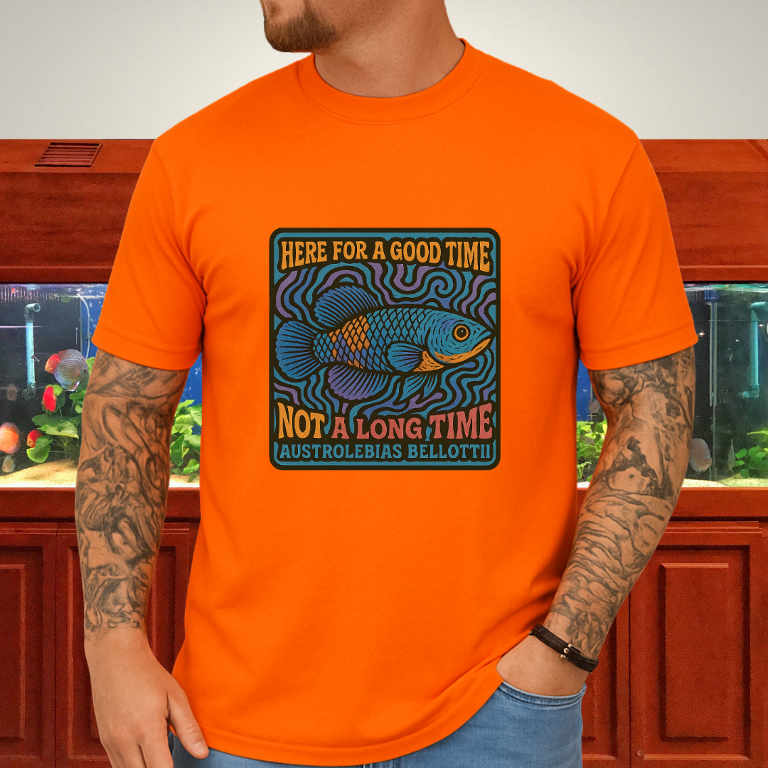 Here for a Good Time Tee – Psychedelic Bellottii Killifish