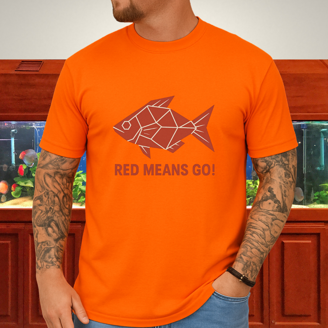 Red Rainbowfish Tee – Geometric “Red Means Go!” Design