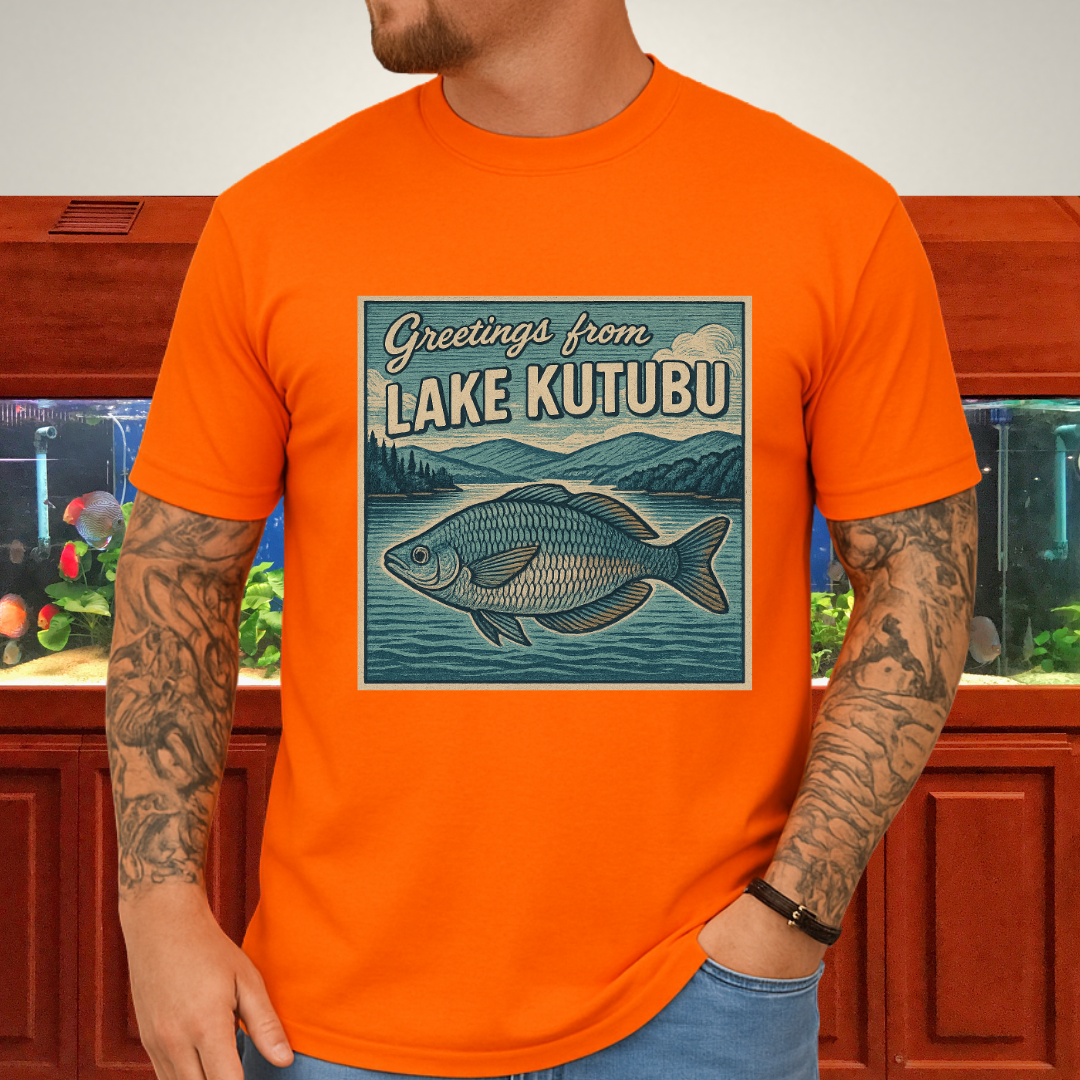 Greetings from Lake Kutubu Tee – Rainbowfish Woodcut Art
