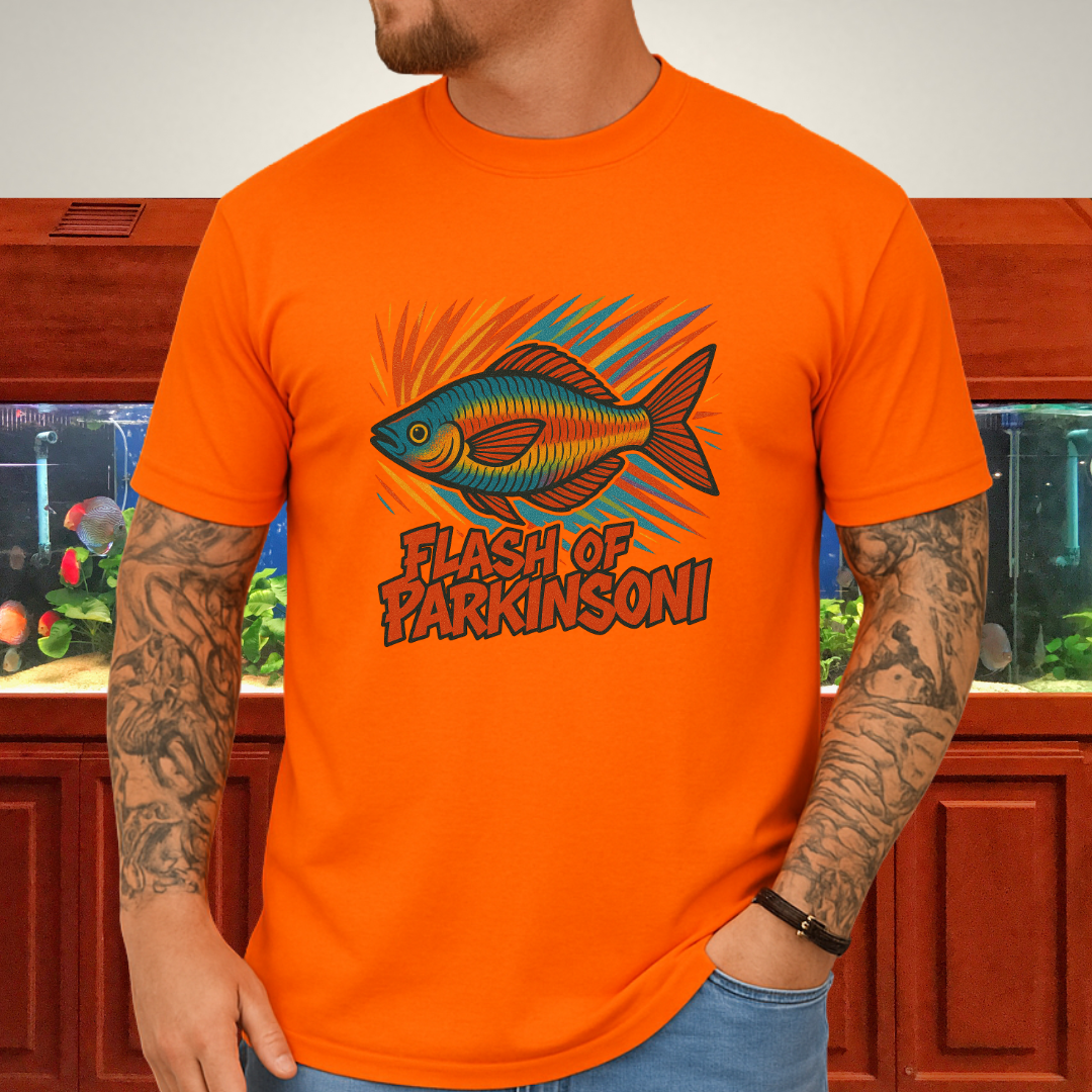 Flash of Parkinsoni T-Shirt – Rainbowfish Explosion Graffiti Design for Tropical Aquarium Fans