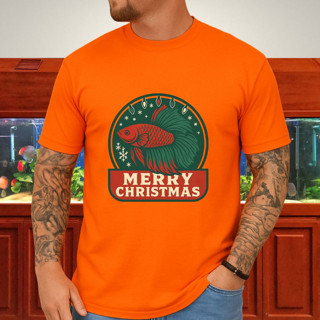 Retro Holiday Betta Fish Emblem Tee – Christmas Lights & Snowflakes-T-Shirt-Fish &amp; Friends Tees