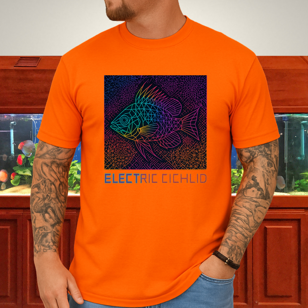 Electric Cichlid Tee – Neon German Blue Ram Geometric Design