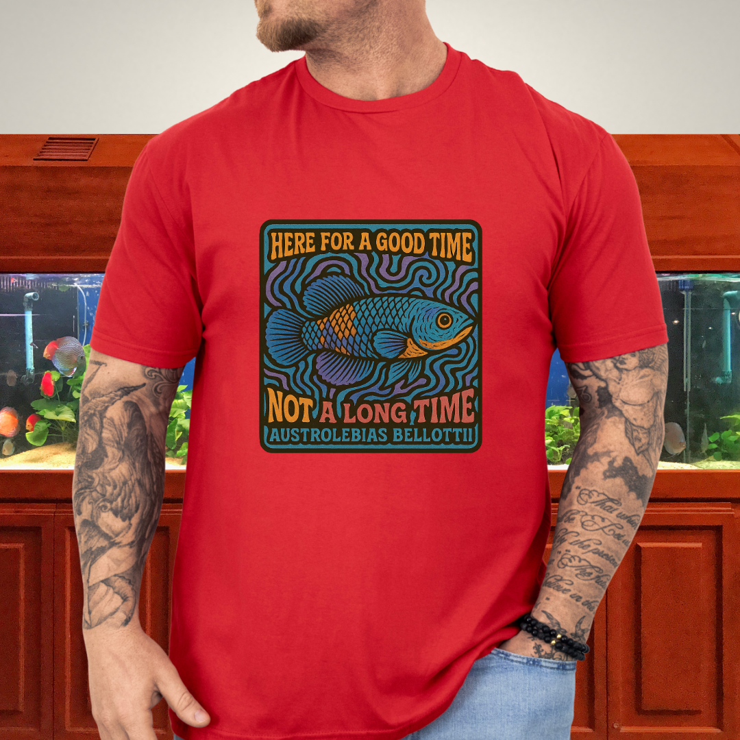 Here for a Good Time Tee – Psychedelic Bellottii Killifish