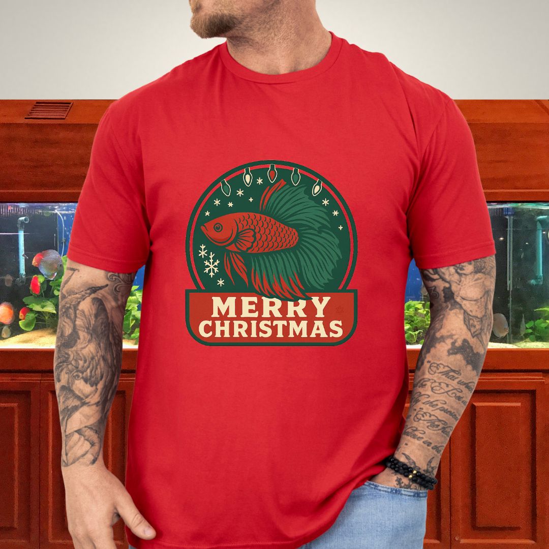 Retro Holiday Betta Fish Emblem Tee – Christmas Lights & Snowflakes-T-Shirt-Fish &amp; Friends Tees