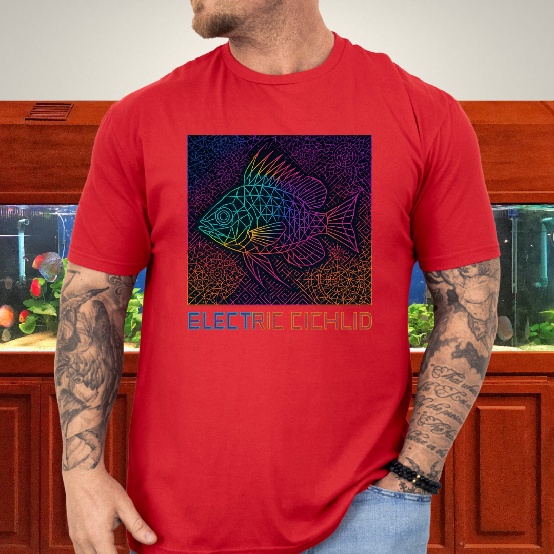 Electric Cichlid Tee – Neon German Blue Ram Geometric Design