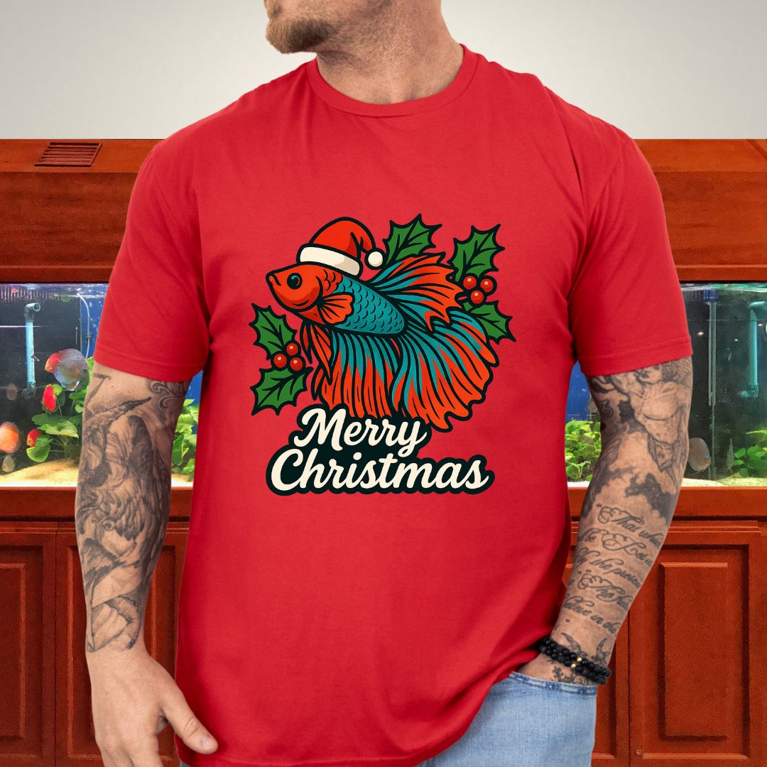 Festive Betta Fish Holiday Tee – Santa Hat & Holly Design-T-Shirt-Fish &amp; Friends Tees