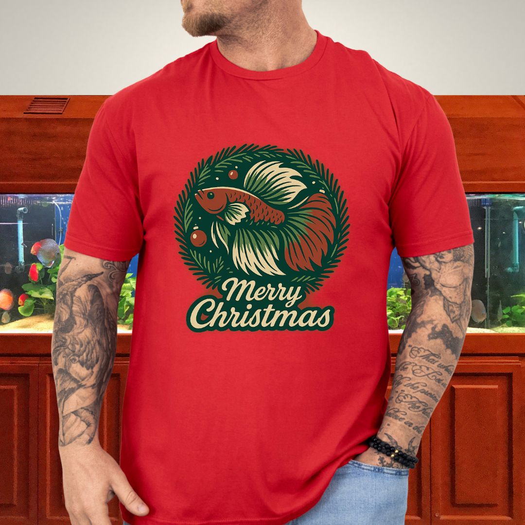Retro Christmas Betta Fish Tee – Holiday Wreath Postcard Design-T-Shirt-Fish &amp; Friends Tees