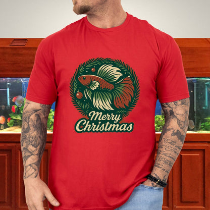 Retro Christmas Betta Fish Tee – Holiday Wreath Postcard Design-T-Shirt-Fish &amp; Friends Tees