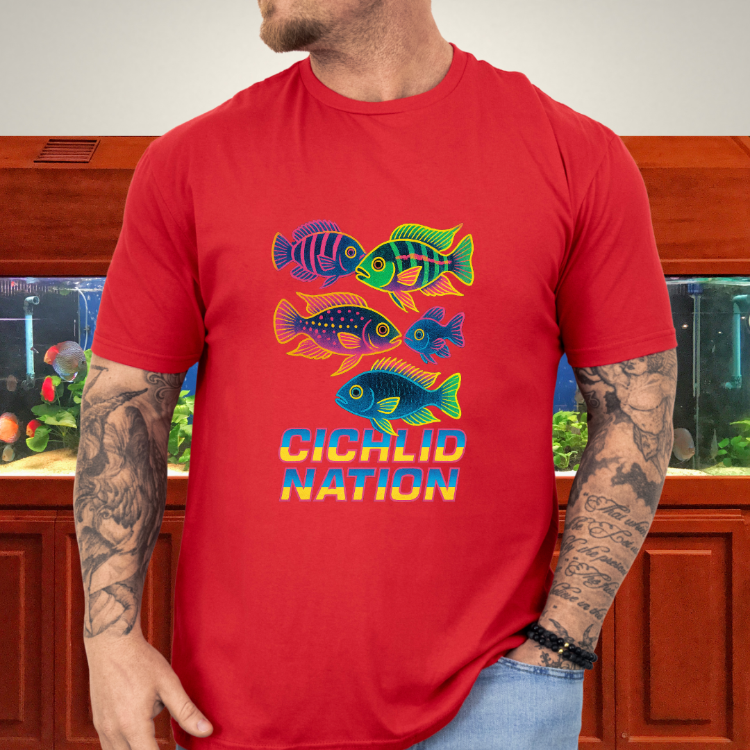 Cichlid Nation Tee – Neon 90s Arcade Aquarium Design