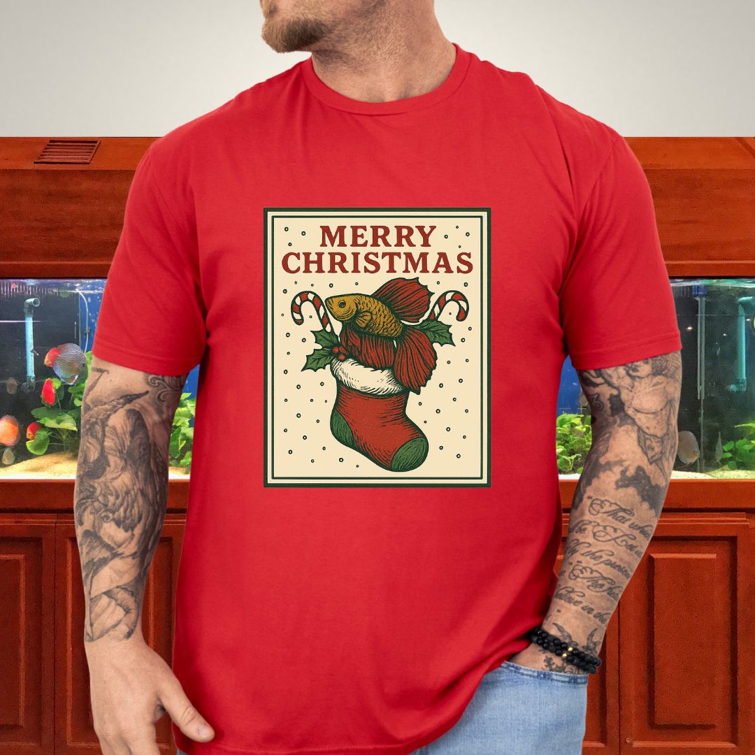 Christmas Stocking Betta Fish Tee – Hand-Sketched Holiday Card Design-T-Shirt-Fish &amp; Friends Tees