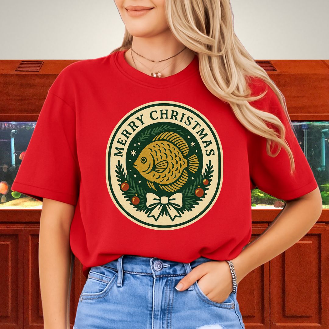 Retro Christmas Discus Wreath Tee – Vintage Holiday Emblem Design-T-Shirt-Fish &amp; Friends Tees