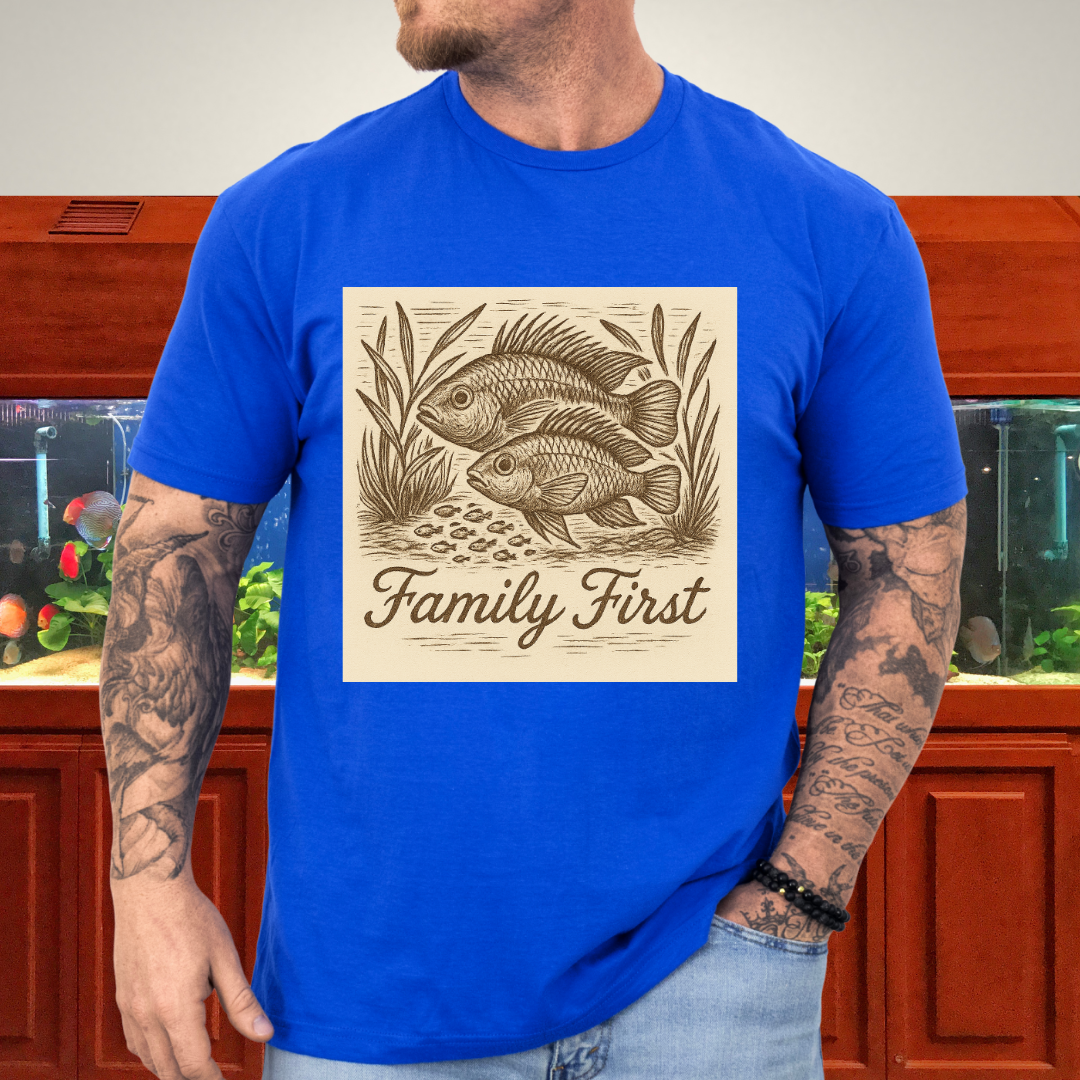 Family First Tee – Apistogramma Pair with Fry Nature Woodcut