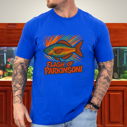 Flash of Parkinsoni T-Shirt – Rainbowfish Explosion Graffiti Design for Tropical Aquarium Fans