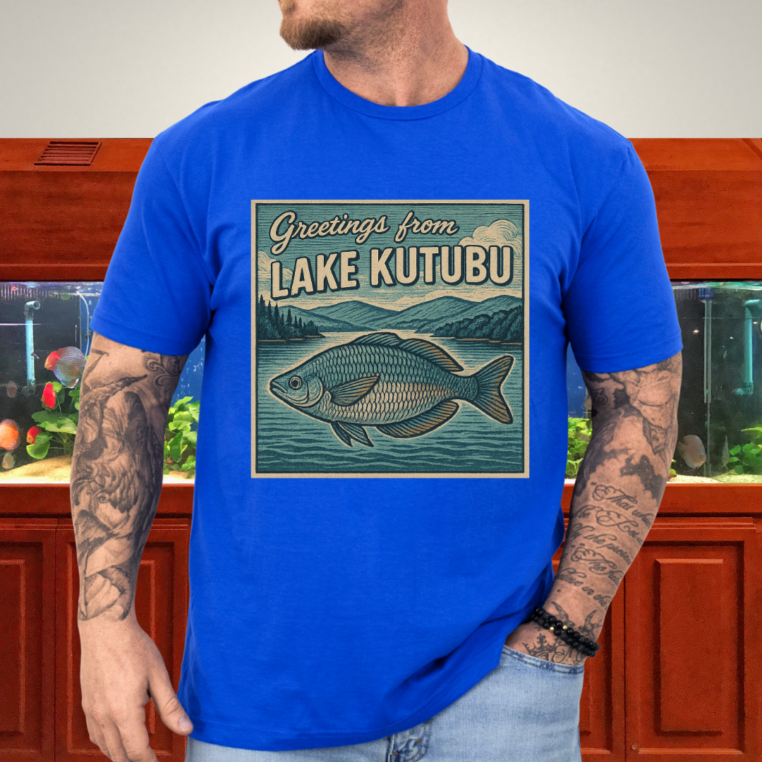 Greetings from Lake Kutubu Tee – Rainbowfish Woodcut Art