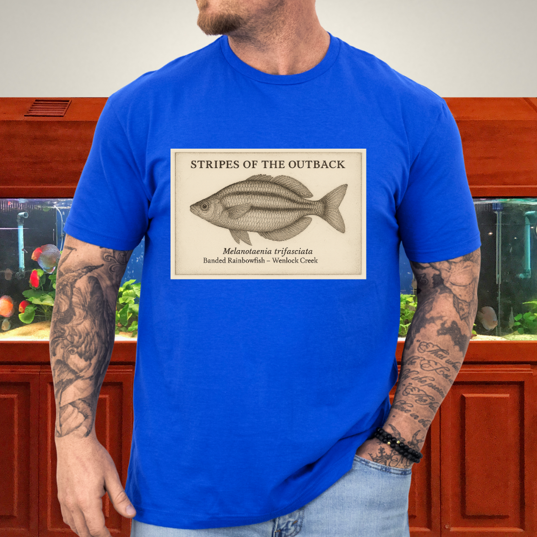 Stripes of the Outback Tee – Banded Rainbowfish Engraving