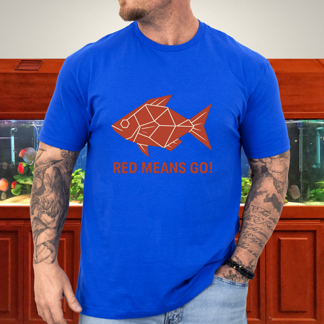 Red Rainbowfish Tee – Geometric “Red Means Go!” Design