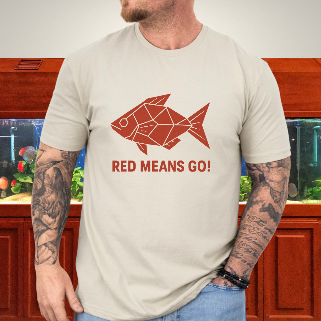 Red Rainbowfish Tee – Geometric “Red Means Go!” Design