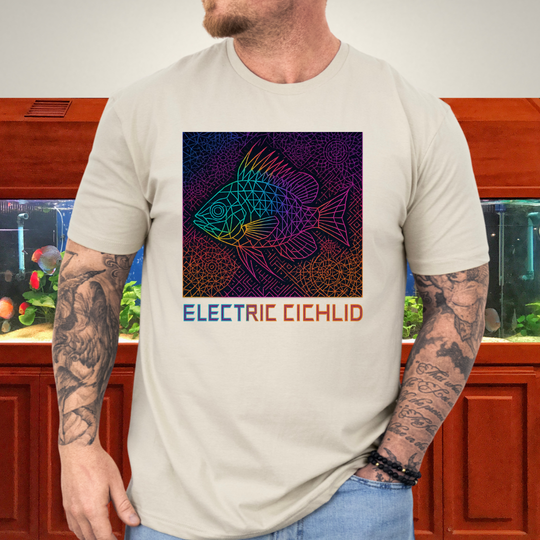 Electric Cichlid Tee – Neon German Blue Ram Geometric Design