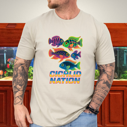 Cichlid Nation Tee – Neon 90s Arcade Aquarium Design