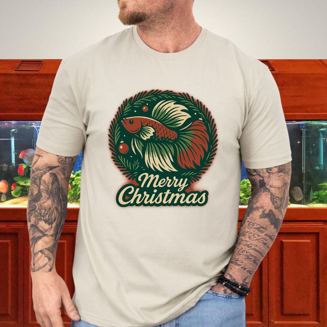 Retro Christmas Betta Fish Tee – Holiday Wreath Postcard Design-T-Shirt-Fish &amp; Friends Tees