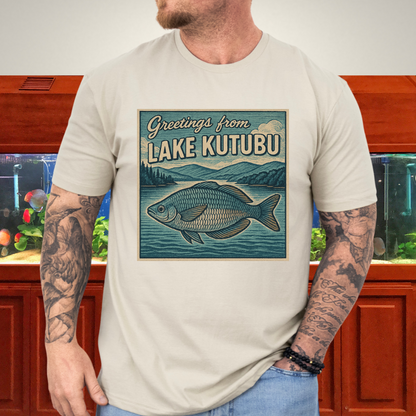 Greetings from Lake Kutubu Tee – Rainbowfish Woodcut Art
