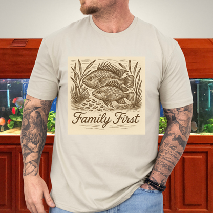 Family First Tee – Apistogramma Pair with Fry Nature Woodcut