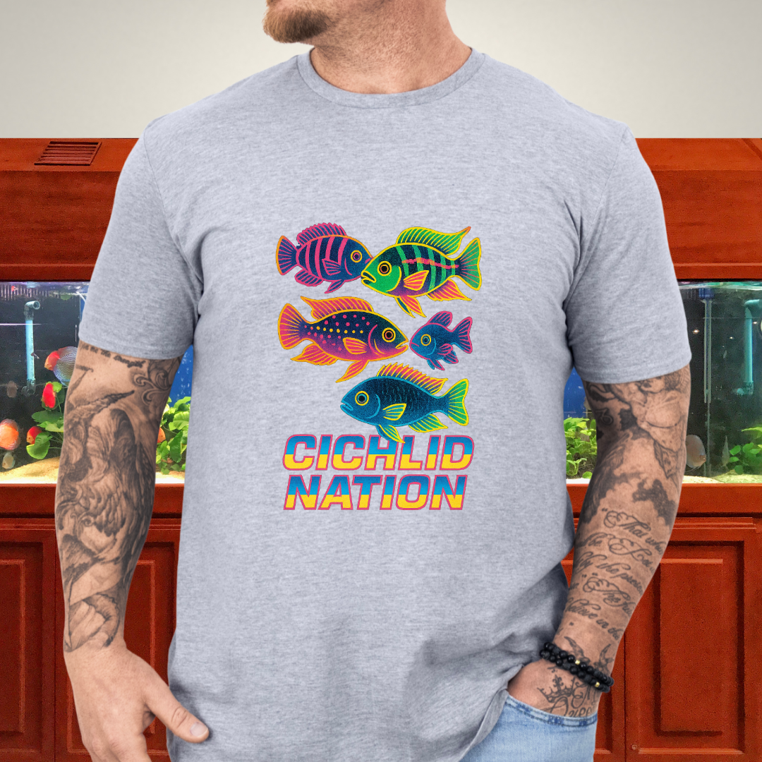 Cichlid Nation Tee – Neon 90s Arcade Aquarium Design