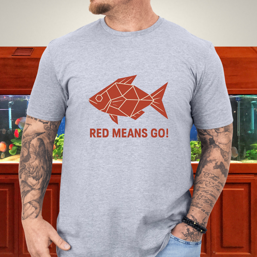 Red Rainbowfish Tee – Geometric “Red Means Go!” Design