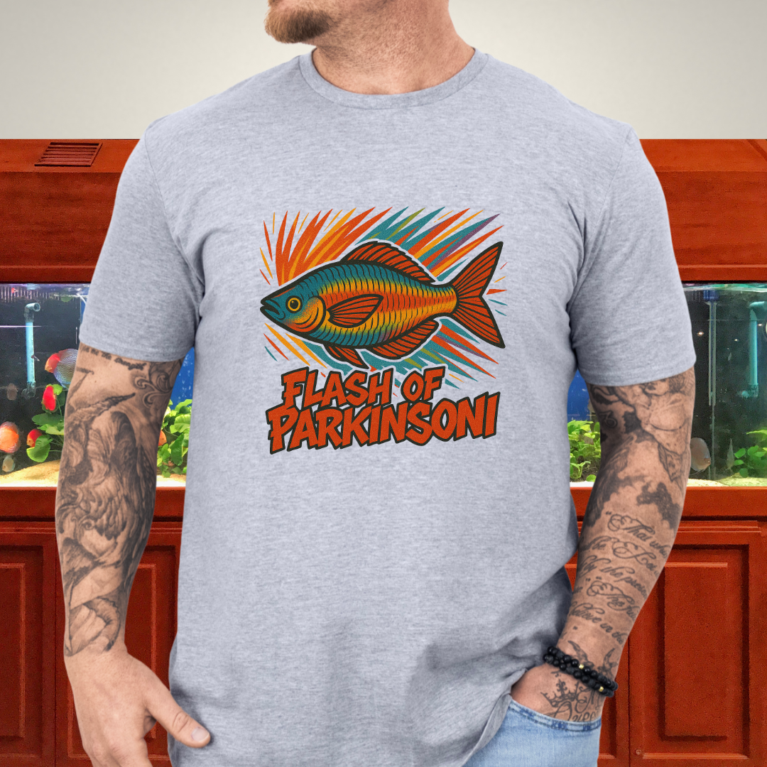 Flash of Parkinsoni T-Shirt – Rainbowfish Explosion Graffiti Design for Tropical Aquarium Fans