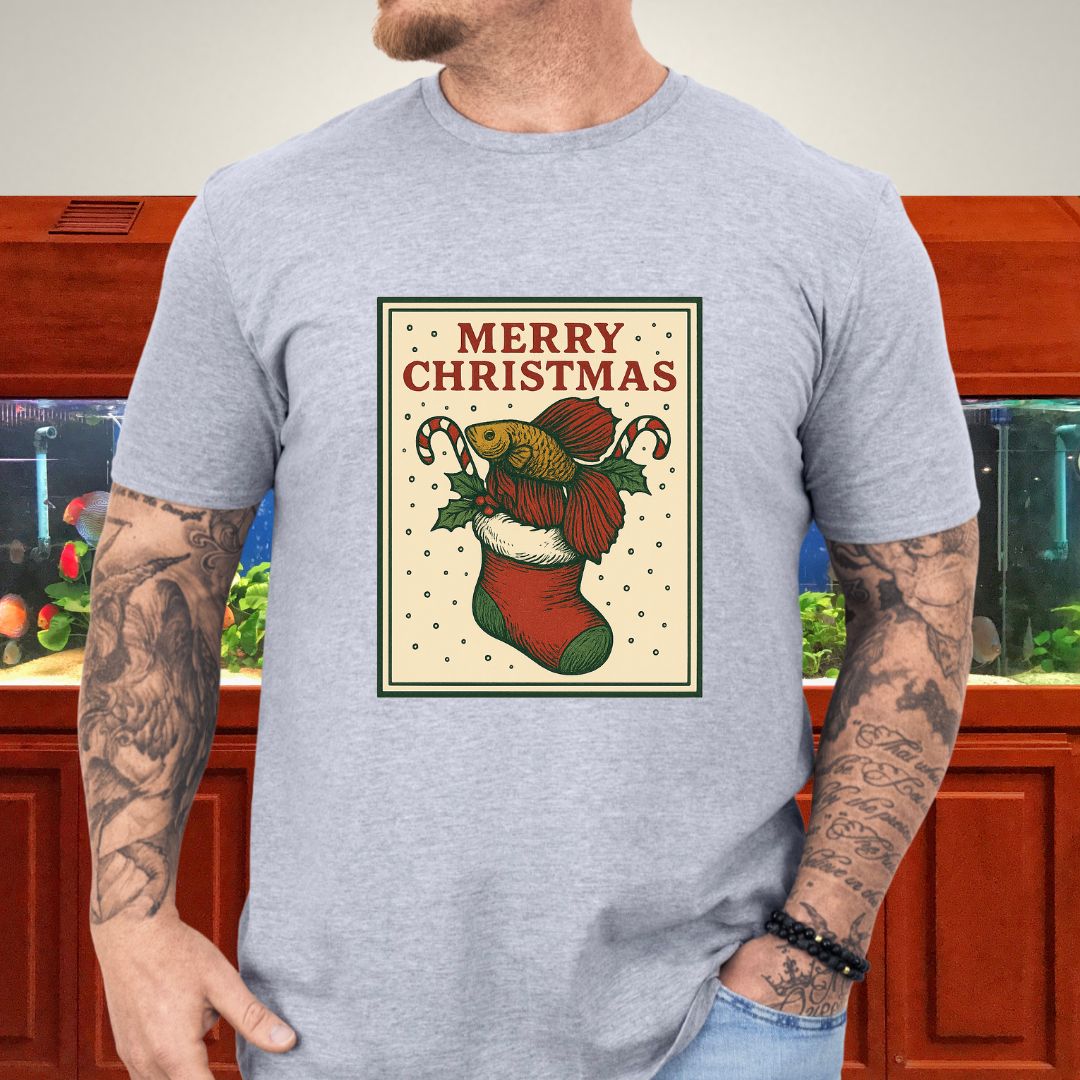 Christmas Stocking Betta Fish Tee – Hand-Sketched Holiday Card Design-T-Shirt-Fish &amp; Friends Tees