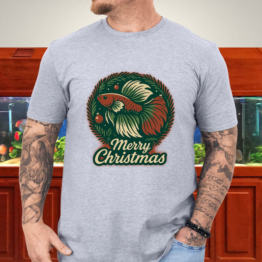 Retro Christmas Betta Fish Tee – Holiday Wreath Postcard Design-T-Shirt-Fish &amp; Friends Tees