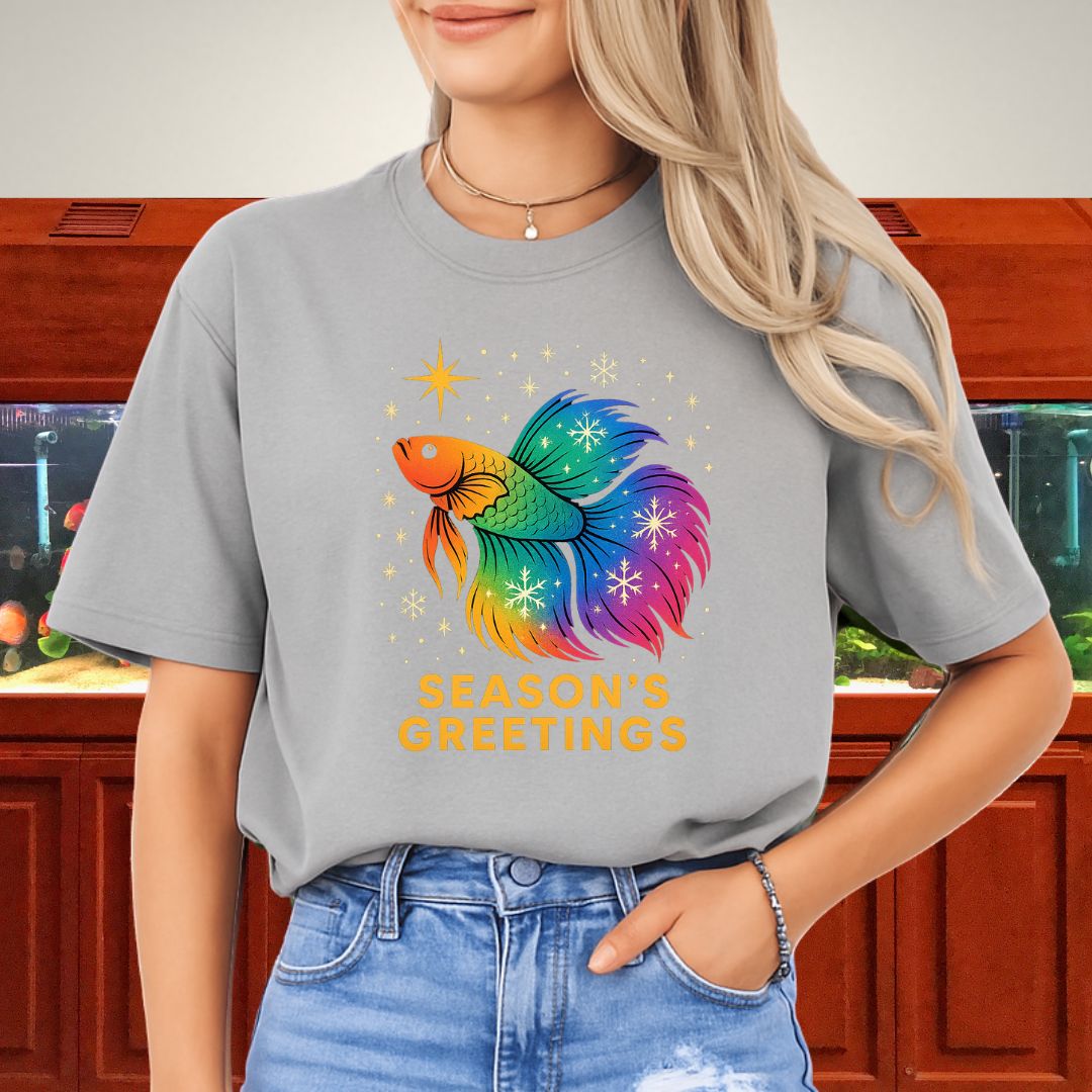 Rainbow Holiday Betta Fish Tee – Festive Star & Snowflake Design-T-Shirt-Fish &amp; Friends Tees