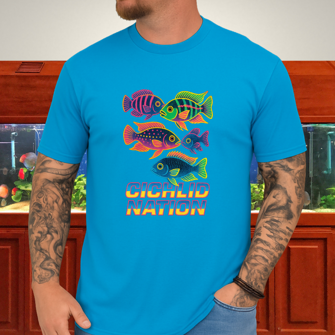 Cichlid Nation Tee – Neon 90s Arcade Aquarium Design