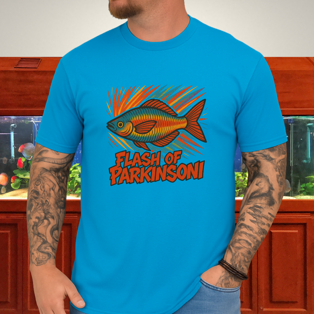 Flash of Parkinsoni T-Shirt – Rainbowfish Explosion Graffiti Design for Tropical Aquarium Fans