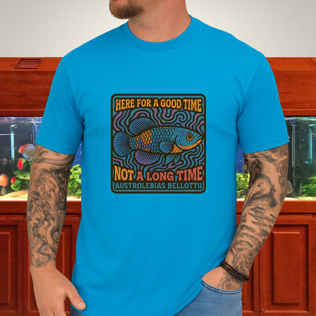 Here for a Good Time Tee – Psychedelic Bellottii Killifish