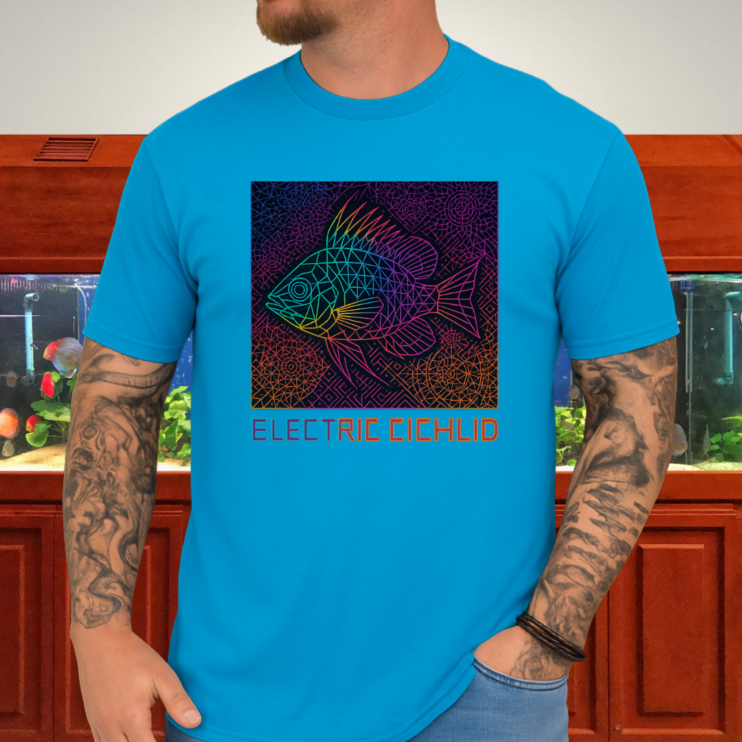 Electric Cichlid Tee – Neon German Blue Ram Geometric Design