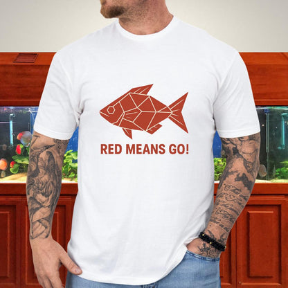 Red Rainbowfish Tee – Geometric “Red Means Go!” Design