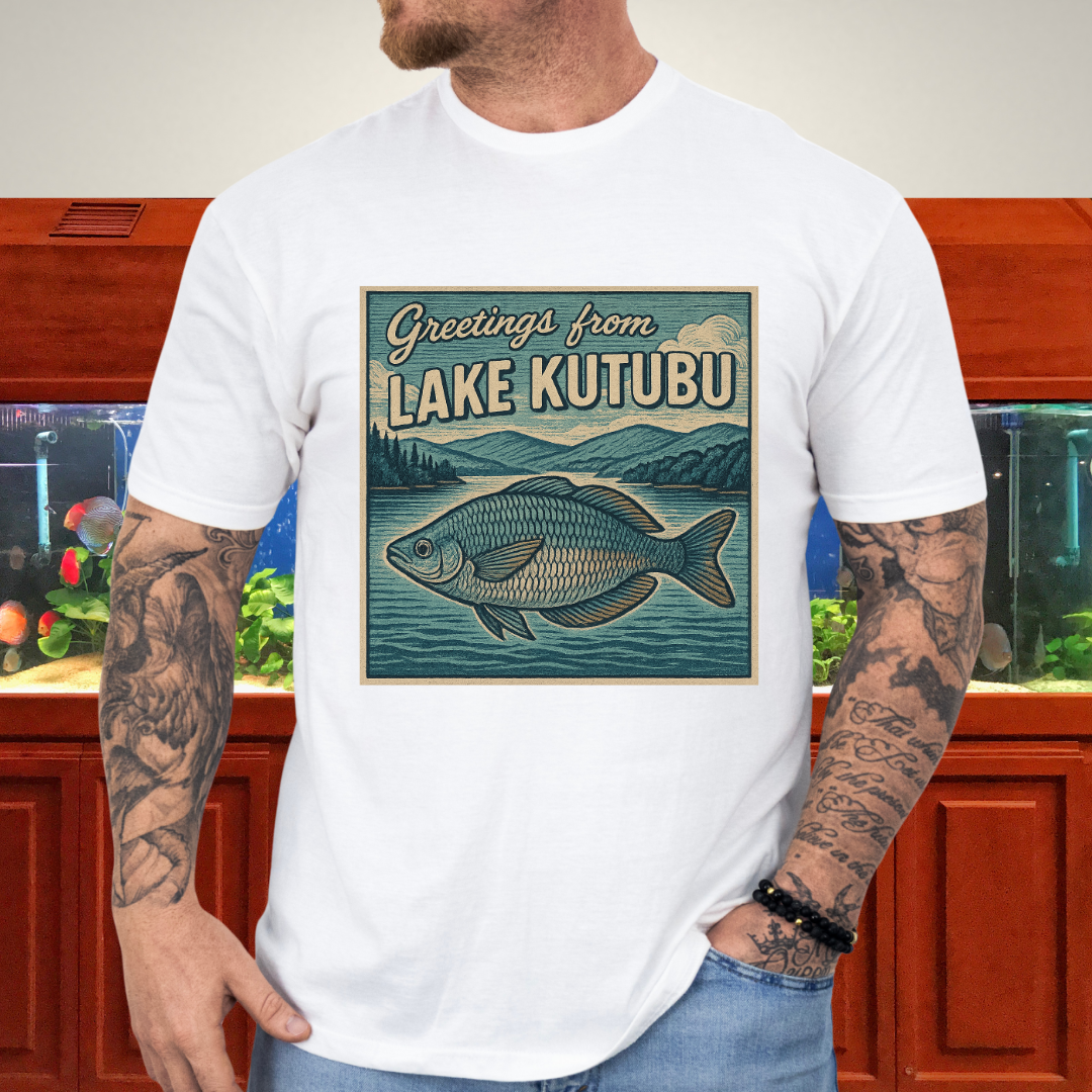 Greetings from Lake Kutubu Tee – Rainbowfish Woodcut Art