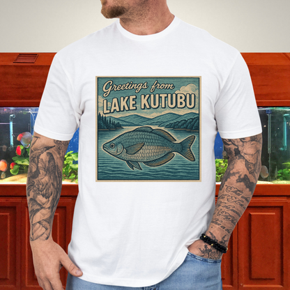 Greetings from Lake Kutubu Tee – Rainbowfish Woodcut Art