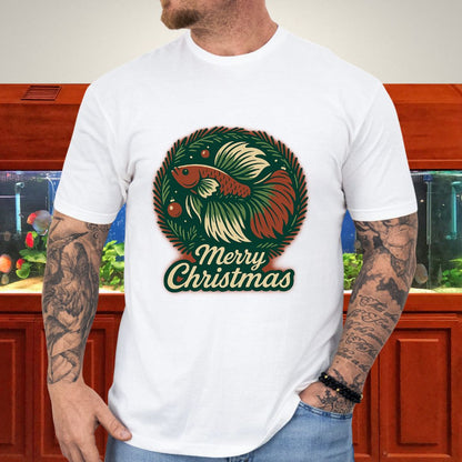 Retro Christmas Betta Fish Tee – Holiday Wreath Postcard Design-T-Shirt-Fish &amp; Friends Tees