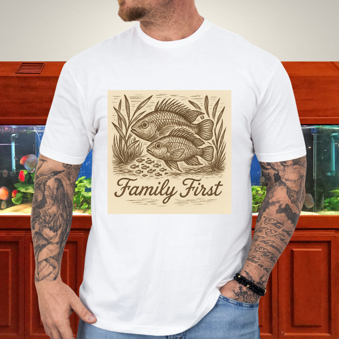 Family First Tee – Apistogramma Pair with Fry Nature Woodcut