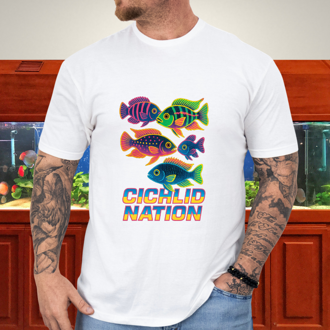 Cichlid Nation Tee – Neon 90s Arcade Aquarium Design