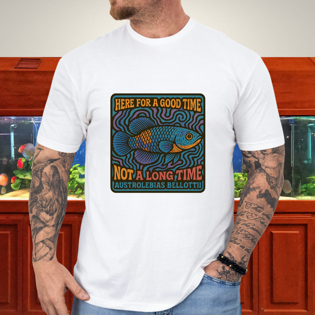 Here for a Good Time Tee – Psychedelic Bellottii Killifish