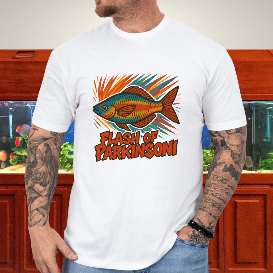 Flash of Parkinsoni T-Shirt – Rainbowfish Explosion Graffiti Design for Tropical Aquarium Fans